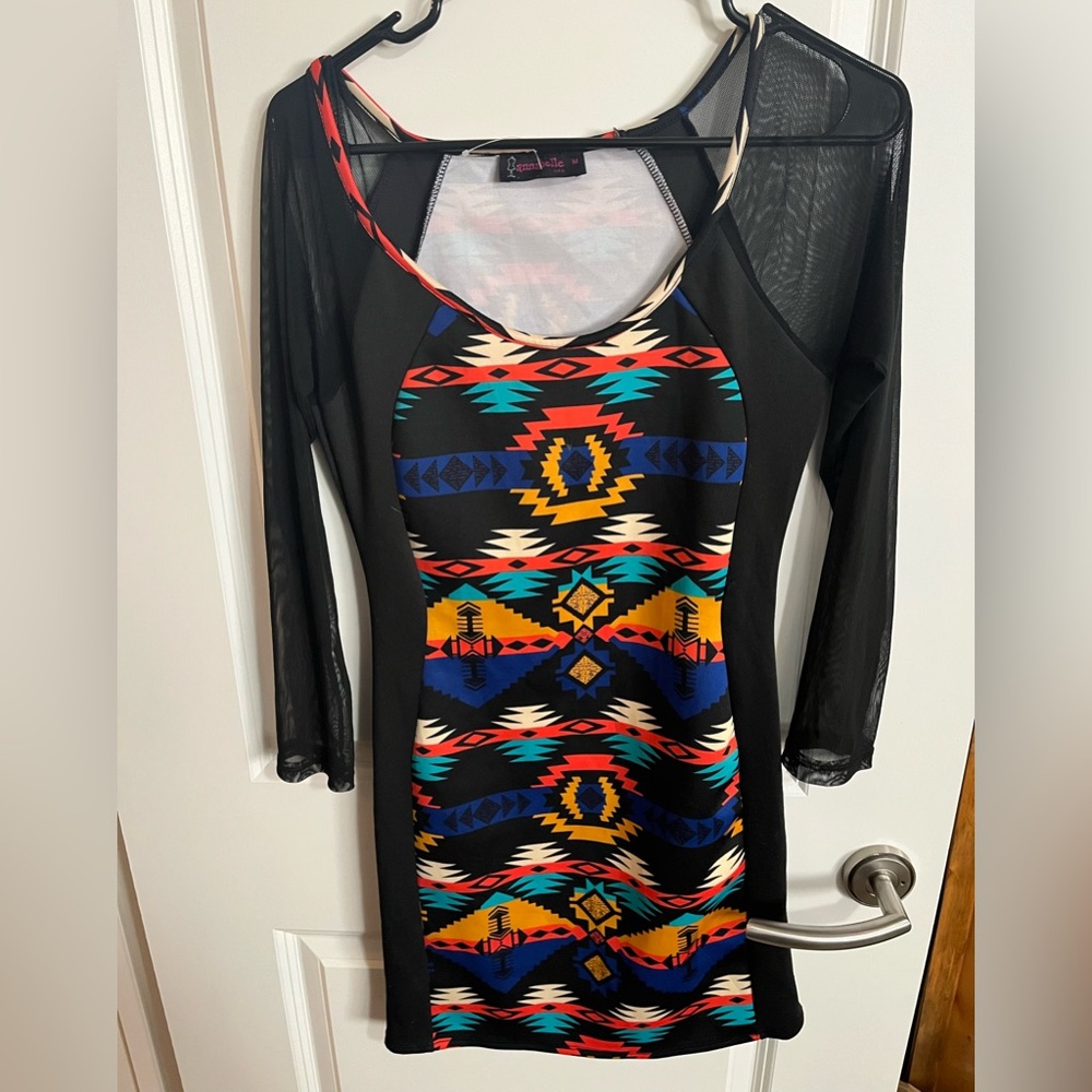 Aztec  Patterned Dress with Sheer Sleeves